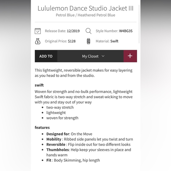 Lululemon- Like New - Sz 10- Dance Studio Jacket III- Reversible- Blue Petrol - Picture 7 of 16